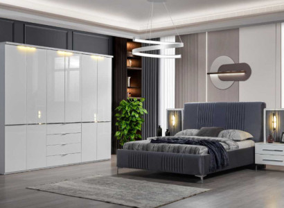 Weiß-Graue Schlafzimmer Möbel Textilbett Nachttisch Kleiderschrank 4tlg